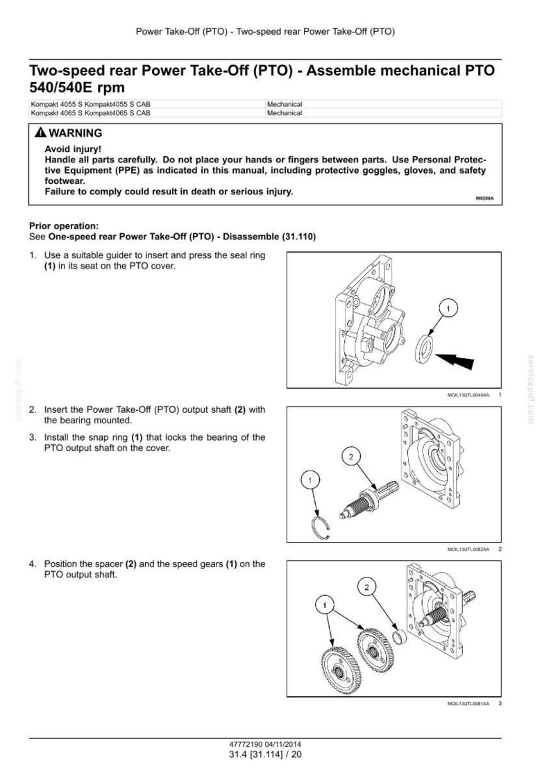 May include: A technical manual page titled Two-speed rear Power Take-Off (PTO) - Assemble mechanical PTO 540/540E rpm. It features black and white line drawings showing the assembly steps for a tractor PTO component, including numbered parts.