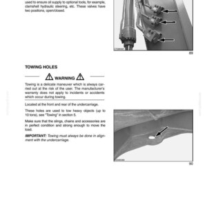 May include: A page from a manual with the title "OPTIONAL TOOL SUPPLY VALVES" and "TOWING HOLES". The image shows diagrams of machinery components, including valves and towing holes, with arrows pointing to specific parts.