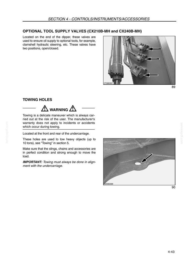 May include: A page from a manual with the title "OPTIONAL TOOL SUPPLY VALVES" and "TOWING HOLES". The image shows diagrams of machinery components, including valves and towing holes, with arrows pointing to specific parts.
