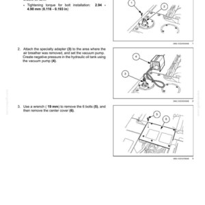 May include: Diagram illustrating the removal of a hydraulic swing system. Instructions include using a hexagon wrench to remove bolts and a wrench to remove bolts and a center cover. Measurements are in inches and millimeters.