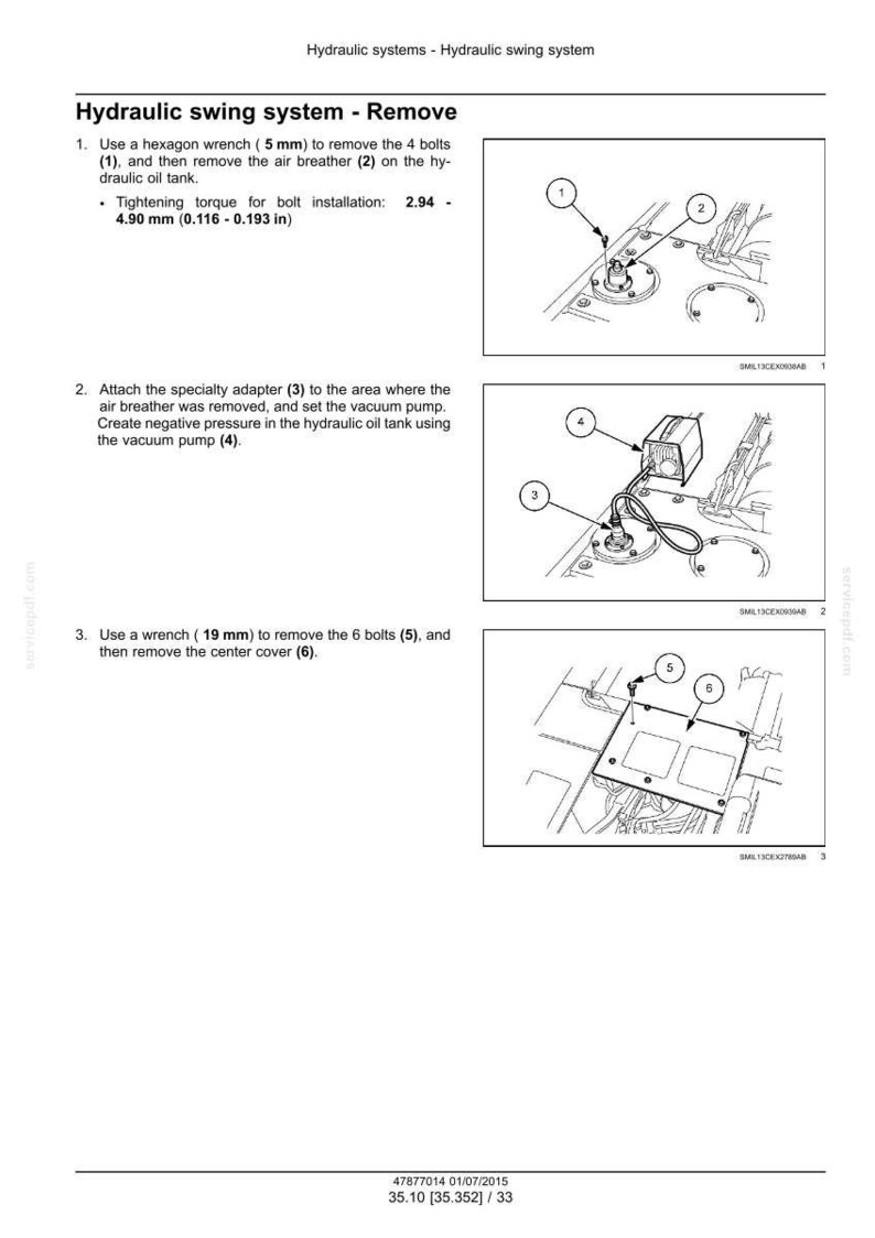May include: Diagram illustrating the removal of a hydraulic swing system. Instructions include using a hexagon wrench to remove bolts and a wrench to remove bolts and a center cover. Measurements are in inches and millimeters.