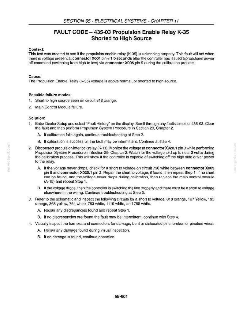 May include: A technical document with the title "FAULT CODE - 435-03 Propulsion Enable Relay K-35 Shorted to High Source." The document provides troubleshooting steps for electrical systems, including fault diagnosis and repair procedures. The document includes diagrams and circuit references.