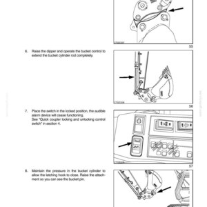 K&ouml;nnte beinhalten: Eine Seite aus einem Bedienungshandbuch mit Diagrammen und Anweisungen. Die Diagramme zeigen mechanische Komponenten mit Pfeilen, die auf bestimmte Teile zeigen. Der Text enth&auml;lt Betriebsanweisungen f&uuml;r einen Schaufelsteuerhebel und andere Maschinenfunktionen.