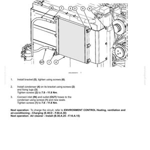 May include: Diagram of a condenser installation, with labels for IN, OUT, and numbered components. The text includes instructions for installing the bracket, condenser, and connecting hoses, with torque specifications in Newton meters.