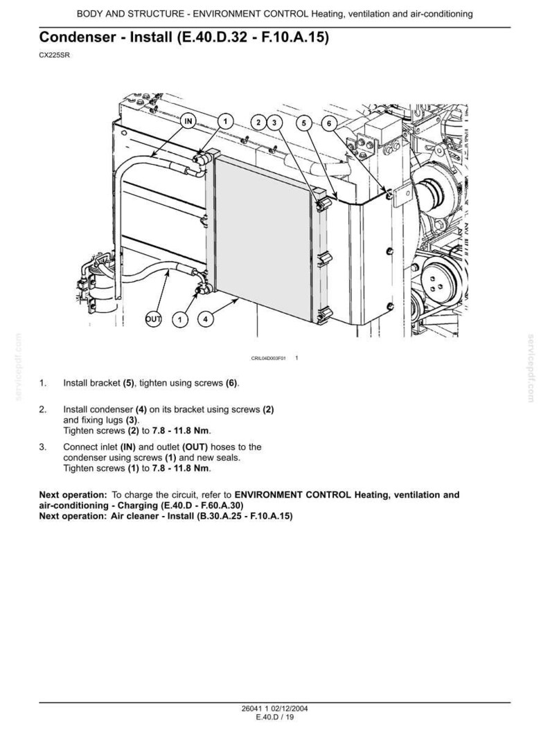 May include: Diagram of a condenser installation, with labels for IN, OUT, and numbered components. The text includes instructions for installing the bracket, condenser, and connecting hoses, with torque specifications in Newton meters.