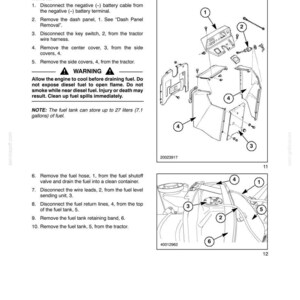 May include: A technical service manual page titled SECTION 90 - PLATFORM - CHAPTER 1, detailing fuel tank removal. It includes numbered diagrams of tractor components, a warning about diesel fuel, and a note stating a 7.1 gallon capacity.