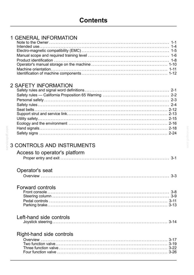 May include: A white document page with the title "Contents" at the top. The document is a table of contents with numbered sections and sub-sections, including "General Information" and "Safety Information".