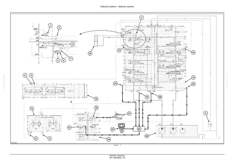 Może przedstawiać: Szczeg&oacute;łowy schemat techniczny systemu hydraulicznego, renderowany w czerni i bieli. Schemat zawiera r&oacute;żne komponenty, linie i adnotacje, z tytułem "Hydraulic systems - Hydraulic systems" na g&oacute;rze. Na dole obrazu znajduje się tekst "35.1 (35.000) / 75".