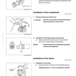 May include: A technical manual page titled Electrical 7-9, featuring black and white line drawings of a pressure control valve, engine speed sensor, and starter. It includes installation instructions, component labels, and a torque specification of 127 N-m.