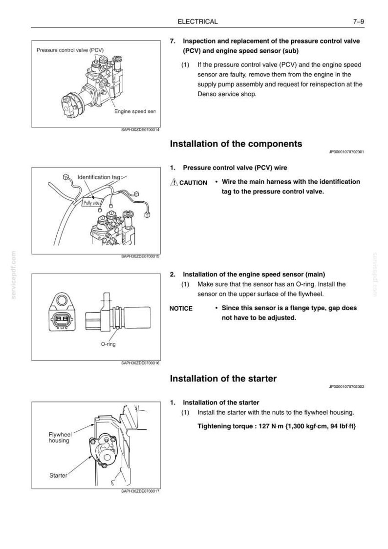 May include: A technical manual page titled Electrical 7-9, featuring black and white line drawings of a pressure control valve, engine speed sensor, and starter. It includes installation instructions, component labels, and a torque specification of 127 N-m.