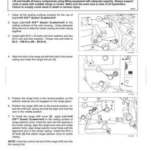 May include: Diagram of transmission housing installation steps. Instructions include cleaning surfaces, applying gasket eliminator, installing bolts, aligning holes, and positioning range forks and shift cam. Text includes warnings about heavy objects and potential injury.