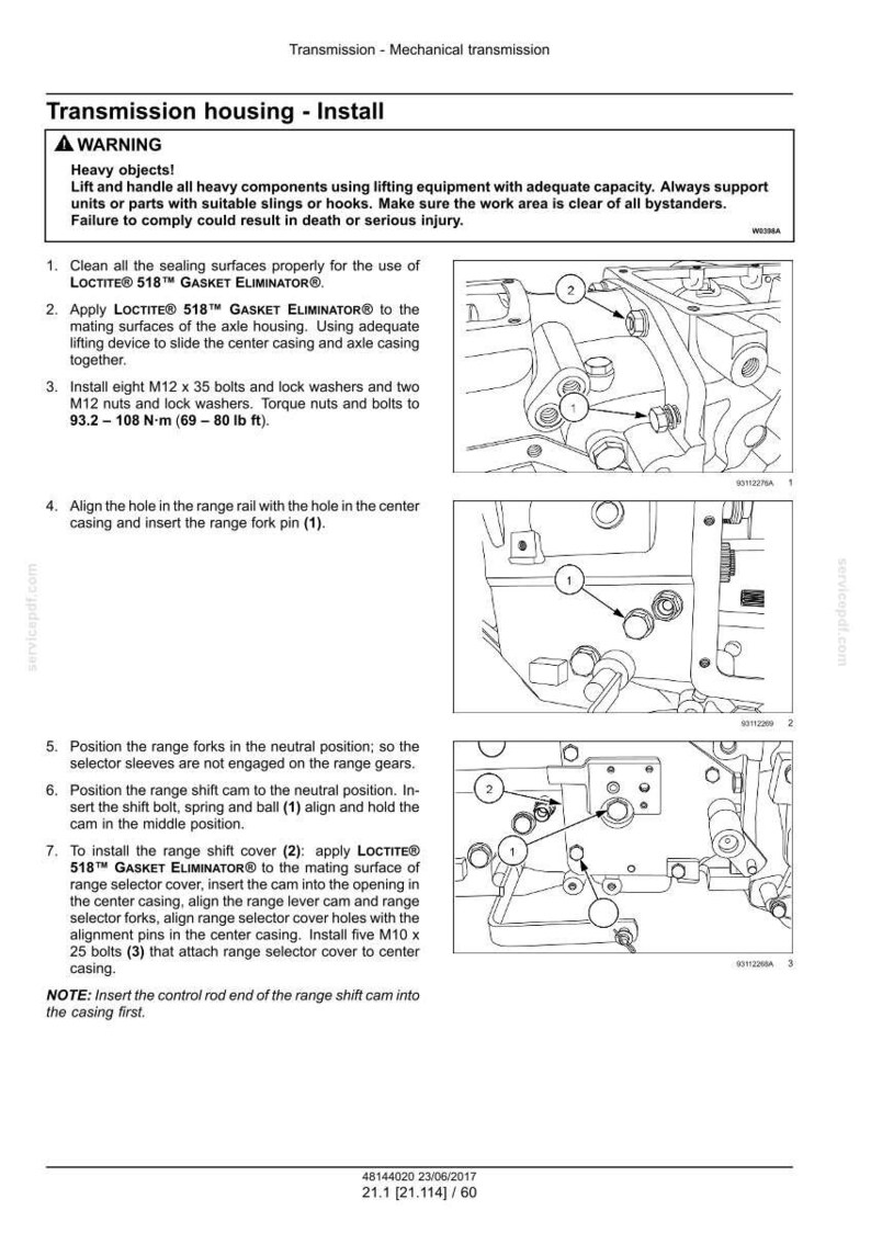 May include: Diagram of transmission housing installation steps. Instructions include cleaning surfaces, applying gasket eliminator, installing bolts, aligning holes, and positioning range forks and shift cam. Text includes warnings about heavy objects and potential injury.