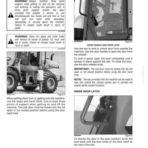 Puede incluir: Diagrama de la cabina de un veh&iacute;culo de construcci&oacute;n Case con instrucciones sobre el funcionamiento de la puerta, incluyendo manija, cerradura y pestillo. Se incluyen advertencias de seguridad. La imagen es de un manual.
