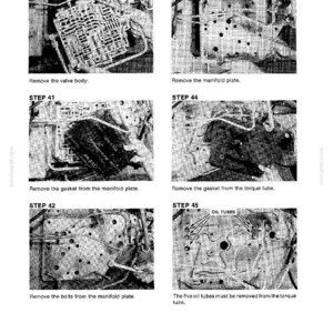 May include: A technical diagram with six steps for automotive repair. The steps include removing parts like the valve body, manifold plate, gaskets, bolts, and oil tubes. The image is in black and white.