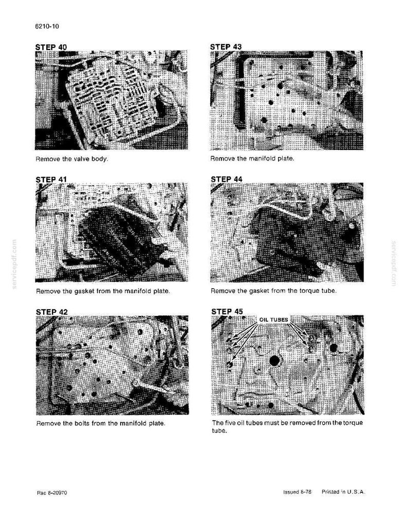 May include: A technical diagram with six steps for automotive repair. The steps include removing parts like the valve body, manifold plate, gaskets, bolts, and oil tubes. The image is in black and white.