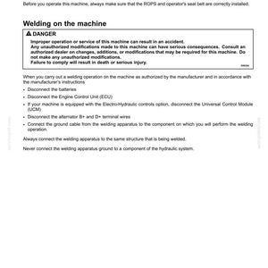 May include: A technical document page titled 2-SAFETY INFORMATION containing instructions for seat belt use and welding on the machine. It includes a DANGER warning box regarding improper operation and service, plus a list of steps for welding.
