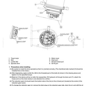 May include: Technical diagram of a travel unit, featuring a travel motor, bolt, and sprocket drive. The diagram includes detailed views of ports and components, with labels and instructions for installation and maintenance. The text includes the title "TRAVEL UNIT".
