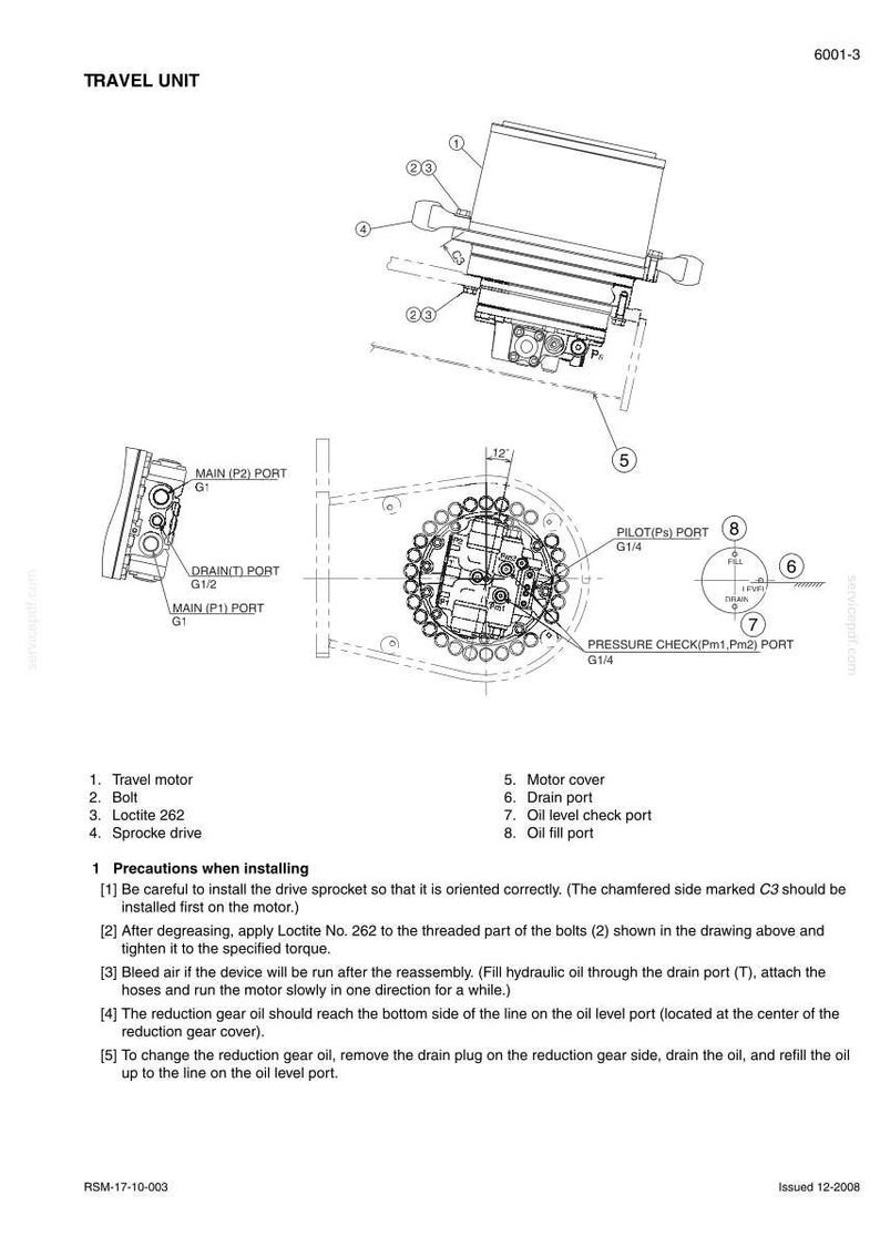 May include: Technical diagram of a travel unit, featuring a travel motor, bolt, and sprocket drive. The diagram includes detailed views of ports and components, with labels and instructions for installation and maintenance. The text includes the title "TRAVEL UNIT".