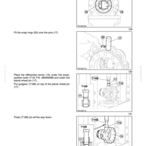 May include: Diagrams illustrating front axle assembly steps. Includes images of tools, pins, and gears with labels such as T14, T16B, and 17. Text instructions accompany each step, detailing the process.