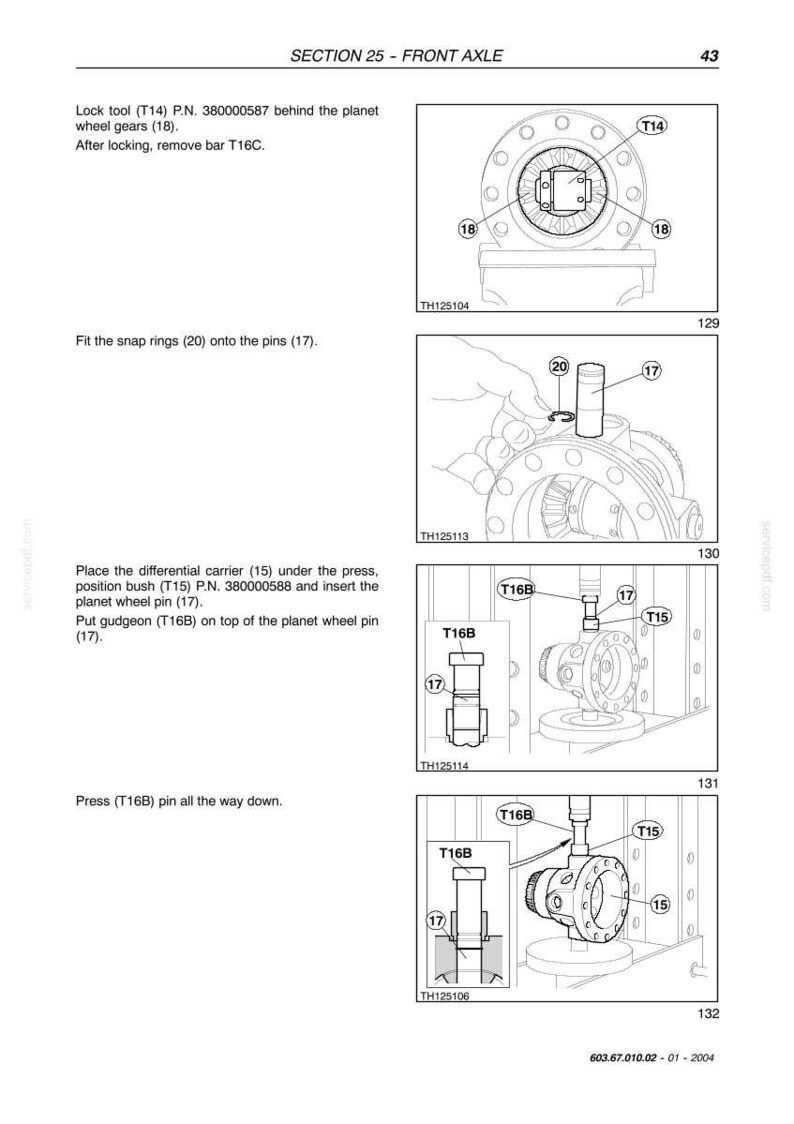 May include: Diagrams illustrating front axle assembly steps. Includes images of tools, pins, and gears with labels such as T14, T16B, and 17. Text instructions accompany each step, detailing the process.
