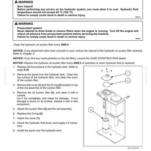 May include: Diagram of a hydraulic oil suction filter with numbered components and instructions for maintenance. Includes warnings about burn hazards and pressurized systems. Text includes "Every 2000 hours" and "Replace the hydraulic oil suction filter every 5000 h of operation."