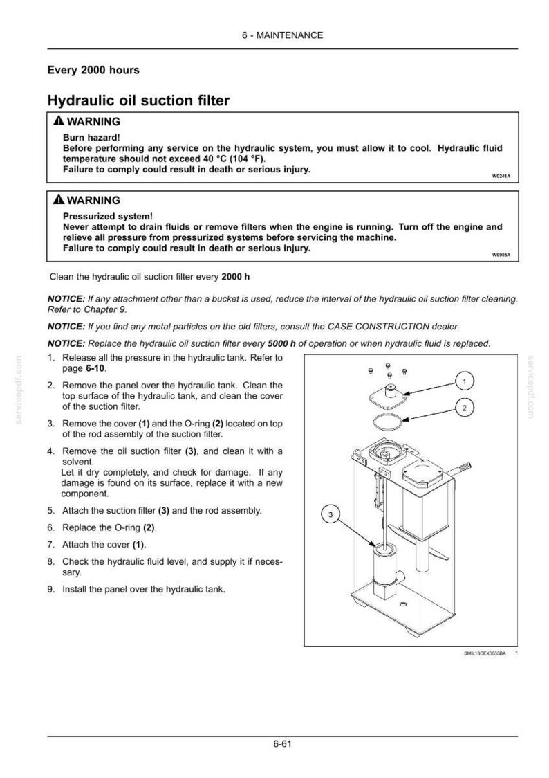 May include: Diagram of a hydraulic oil suction filter with numbered components and instructions for maintenance. Includes warnings about burn hazards and pressurized systems. Text includes "Every 2000 hours" and "Replace the hydraulic oil suction filter every 5000 h of operation."
