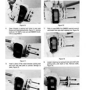 May include: A series of black and white technical diagrams illustrating automotive repair procedures. The images show components like stub axles, jacking bolts, and retaining nuts, with accompanying text providing step-by-step instructions for disassembly and maintenance.