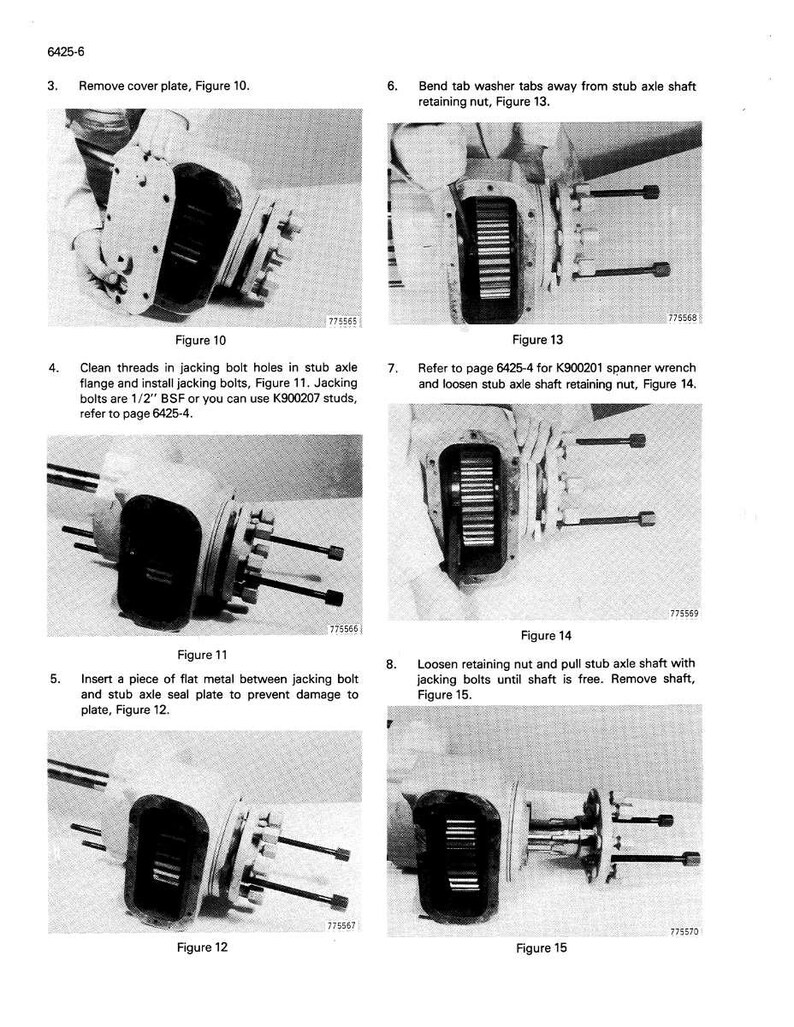 May include: A series of black and white technical diagrams illustrating automotive repair procedures. The images show components like stub axles, jacking bolts, and retaining nuts, with accompanying text providing step-by-step instructions for disassembly and maintenance.