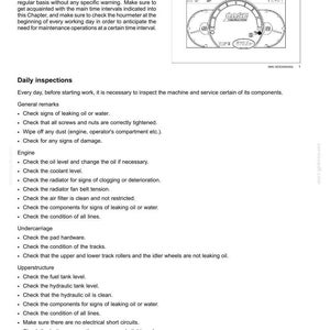 May include: A page from a maintenance manual titled "6 - MAINTENANCE." It details daily inspection procedures, such as checking for oil or water leaks, tightening screws, and inspecting the engine and undercarriage components.