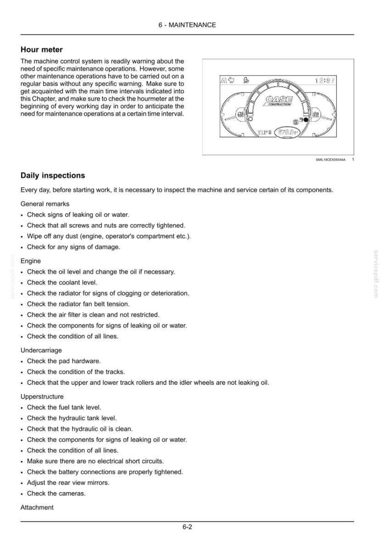 May include: A page from a maintenance manual titled "6 - MAINTENANCE." It details daily inspection procedures, such as checking for oil or water leaks, tightening screws, and inspecting the engine and undercarriage components.