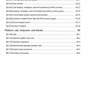 May include: A white page with black text detailing various mechanical systems and components, including electrical systems, cab controls, and fault codes. The document is organized with headings and subheadings.