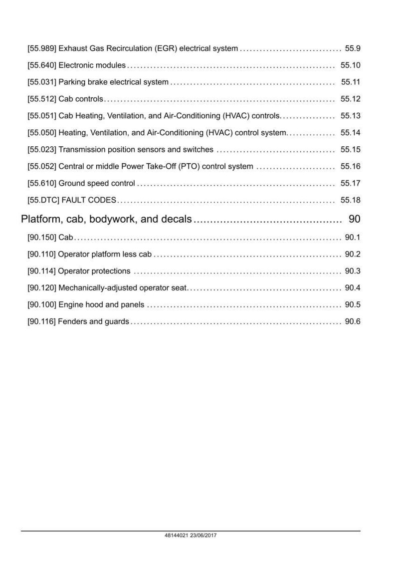 May include: A white page with black text detailing various mechanical systems and components, including electrical systems, cab controls, and fault codes. The document is organized with headings and subheadings.