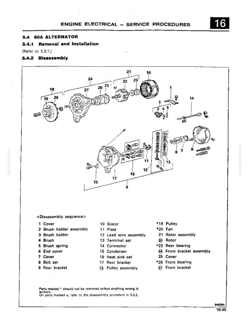 May include: A technical service manual page titled Engine Electrical - Service Procedures 16, featuring an exploded view diagram of a 60A alternator with numbered components and a corresponding disassembly sequence list from 1 to 27.