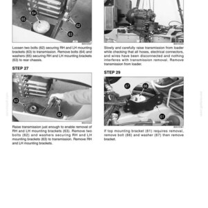 May include: A technical diagram with four steps detailing mechanical procedures. The steps involve loosening bolts, removing brackets, and raising a transmission. The image includes labels and numbers for each component, with text instructions.