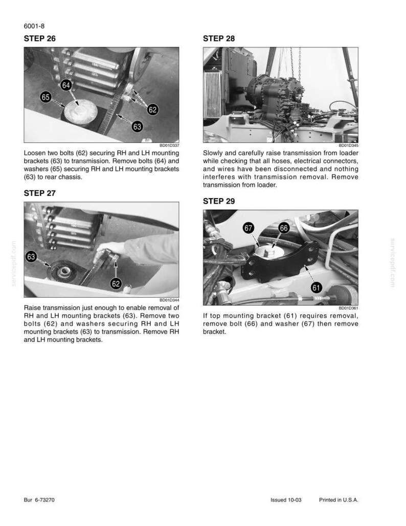 May include: A technical diagram with four steps detailing mechanical procedures. The steps involve loosening bolts, removing brackets, and raising a transmission. The image includes labels and numbers for each component, with text instructions.