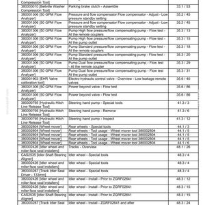 May include: A detailed parts list with text, including "Genuine" and "Reference" headings. The list includes various components like parking brake clutch, flow analyzers, and steering hand pumps. Page numbers are also visible.