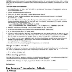 May include: A technical document page titled 7-MAINTENANCE, detailing tractor storage procedures for 3 to 6 months and over 6 months. It includes instructions for battery care, coolant, and a warning regarding Dual Command transmission calibration.