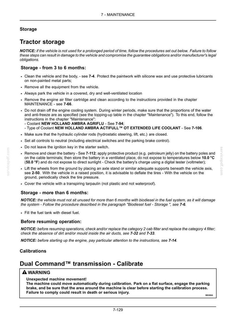 May include: A technical document page titled 7-MAINTENANCE, detailing tractor storage procedures for 3 to 6 months and over 6 months. It includes instructions for battery care, coolant, and a warning regarding Dual Command transmission calibration.