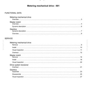 May include: A page from a technical manual titled "Contents." The document outlines sections on metering systems, mechanical drives, functional data, and service procedures. Text includes "Overview," "Remove," and "Install."