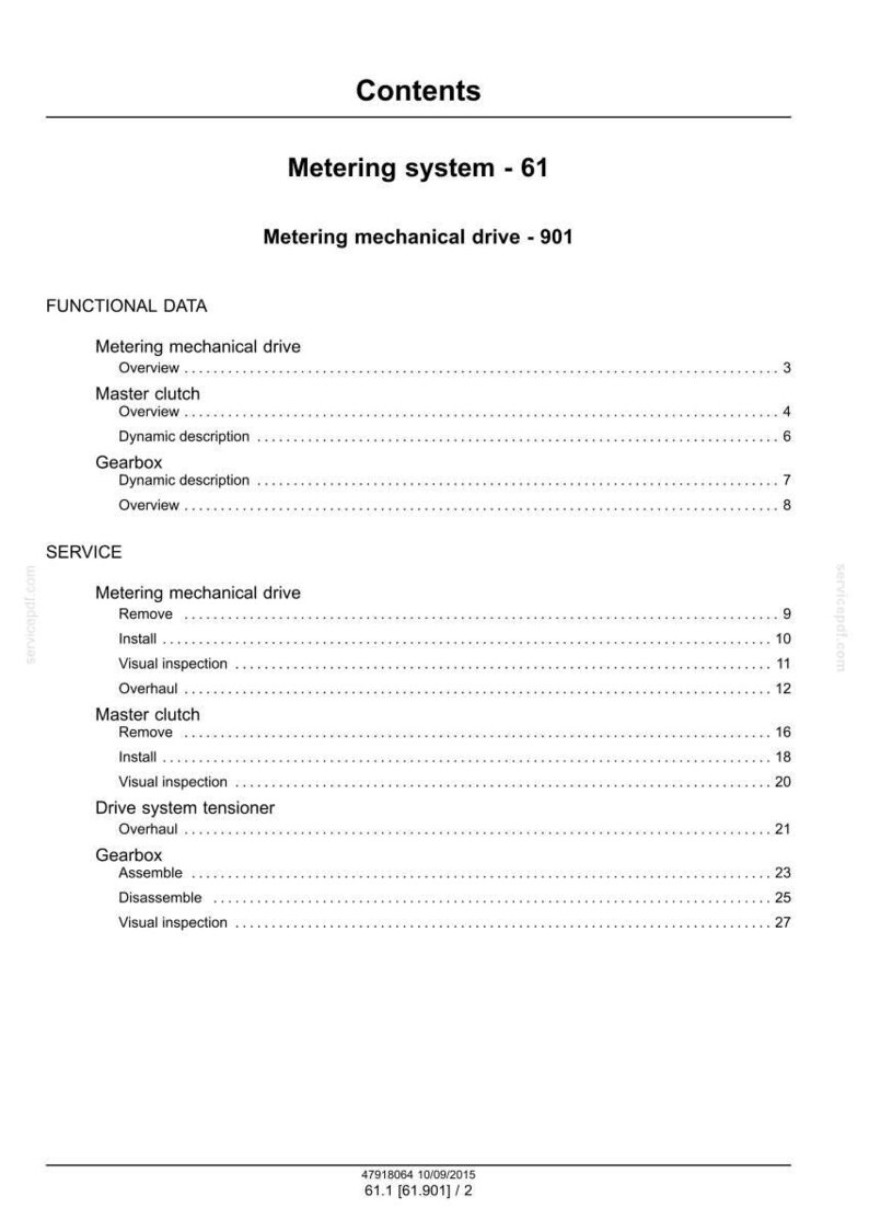 May include: A page from a technical manual titled "Contents." The document outlines sections on metering systems, mechanical drives, functional data, and service procedures. Text includes "Overview," "Remove," and "Install."