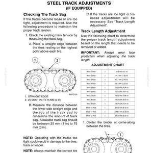 May include: Diagram illustrating steel track adjustments, including checking track sag and track length adjustment. Instructions detail measuring track sag between 1 inch and 3 inches. Includes an adjustment chart and safety notes.