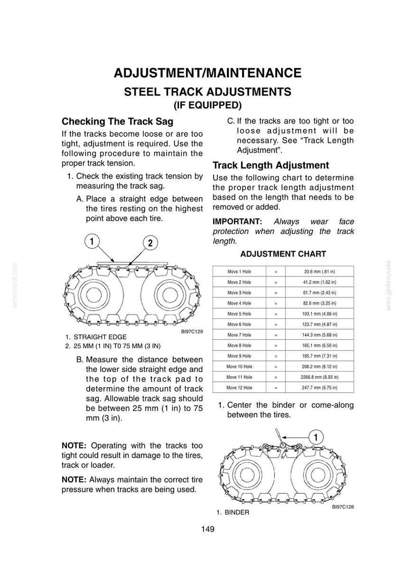 May include: Diagram illustrating steel track adjustments, including checking track sag and track length adjustment. Instructions detail measuring track sag between 1 inch and 3 inches. Includes an adjustment chart and safety notes.