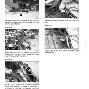 May include: A technical diagram with multiple steps for mechanical repair. The images show close-ups of engine components, including bolts, hoses, and fittings. Text labels and arrows indicate specific parts and instructions for disassembly and reassembly.