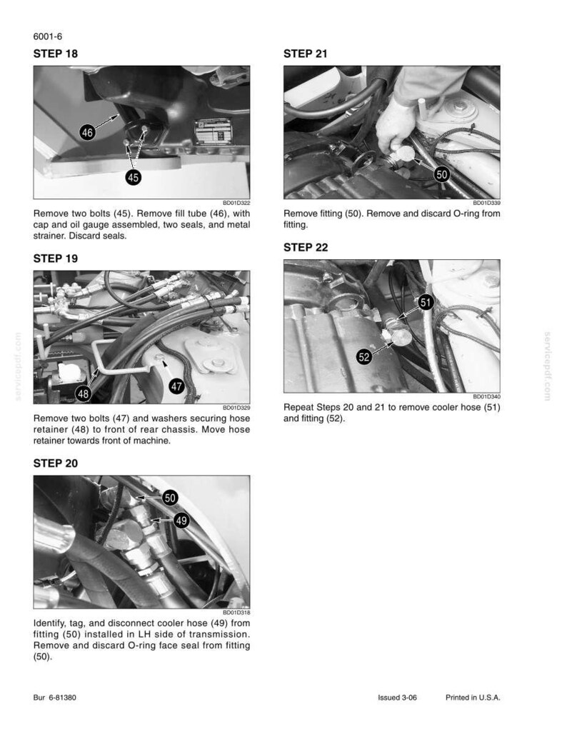 May include: A technical diagram with multiple steps for mechanical repair. The images show close-ups of engine components, including bolts, hoses, and fittings. Text labels and arrows indicate specific parts and instructions for disassembly and reassembly.