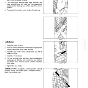 May include: Diagrams illustrating window maintenance and installation steps. Includes instructions for removing and installing windows, with close-up views of the components and their arrangement. Text includes safety notices.
