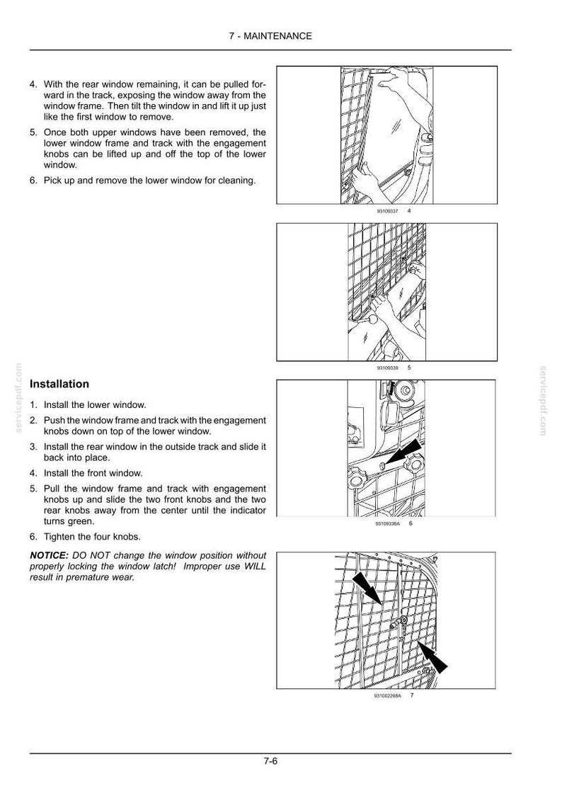 May include: Diagrams illustrating window maintenance and installation steps. Includes instructions for removing and installing windows, with close-up views of the components and their arrangement. Text includes safety notices.