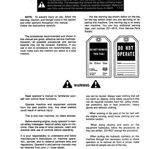 May include: A page from a manual with safety rules, warnings, and instructions. Includes text about machine operation, safety equipment, and procedures. Features warning symbols and tags with "Do Not Remove" and "Do Not Operate" labels.