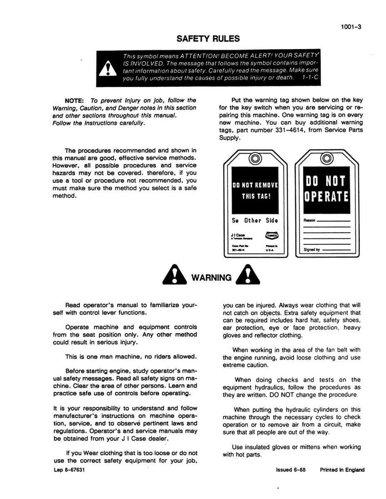 May include: A page from a manual with safety rules, warnings, and instructions. Includes text about machine operation, safety equipment, and procedures. Features warning symbols and tags with "Do Not Remove" and "Do Not Operate" labels.