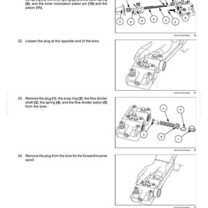May include: Diagram of power shuttle transmission external controls, with numbered parts and instructions. Includes illustrations of components like pistons, springs, and gaskets. Text includes removal steps for various parts.