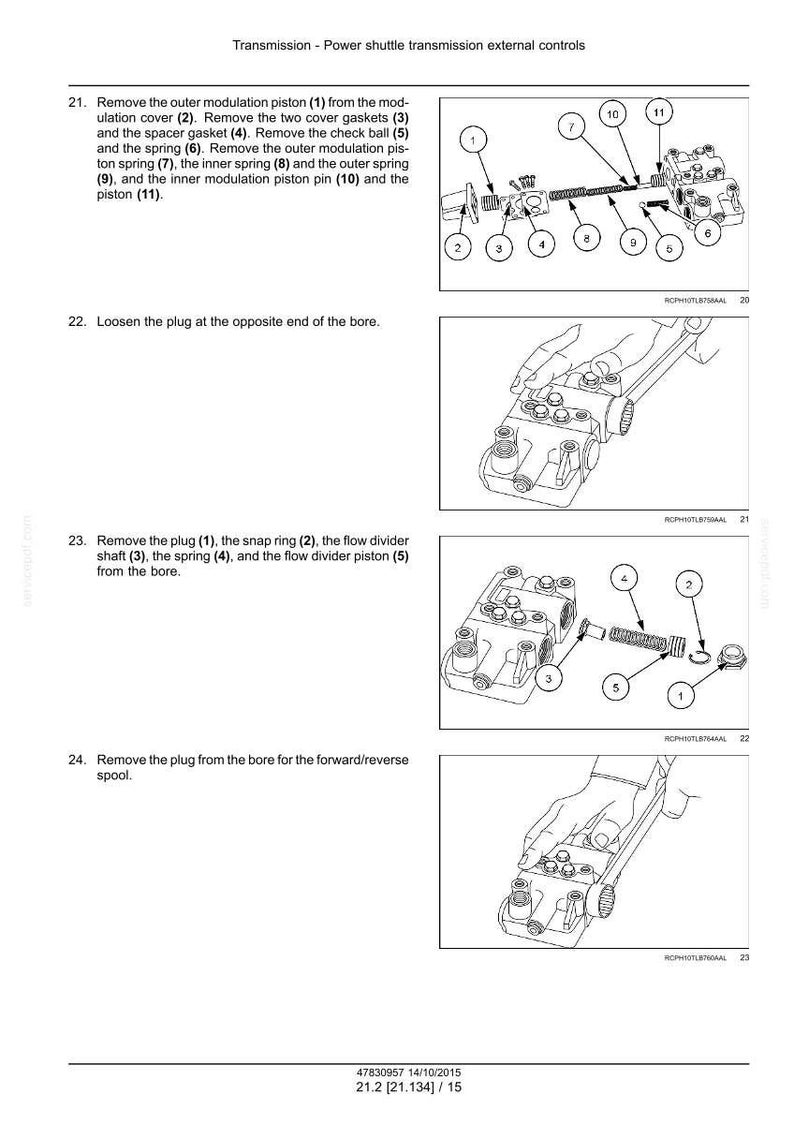 May include: Diagram of power shuttle transmission external controls, with numbered parts and instructions. Includes illustrations of components like pistons, springs, and gaskets. Text includes removal steps for various parts.